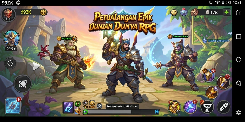 Screenshot gameplay 99ZK menunjukkan pertempuran epik dan pemandangan yang menakjubkan.