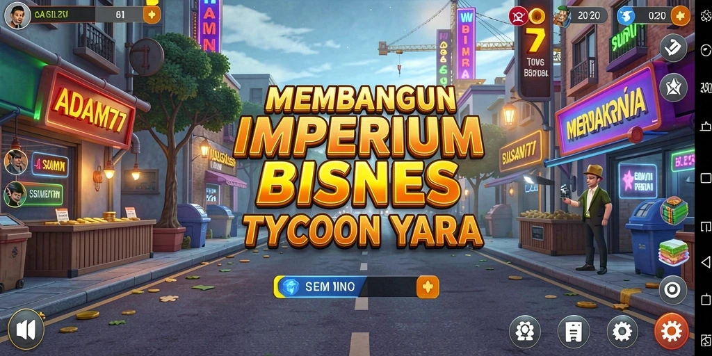Screenshot gameplay ADAM77 menampilkan aksi membangun imperium bisnis yang dinamis.