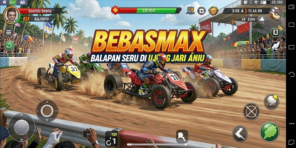 Screenshot gameplay BEBASMAX yang menampilkan aksi balapan mendebarkan.