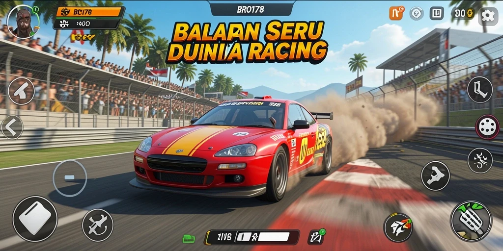 Tampilan gameplay BRO178 dengan balapan seru dan kendaraan yang berbeda.