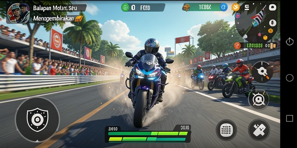 Screenshot F08 menampilkan aksi balapan motor yang mendebarkan.