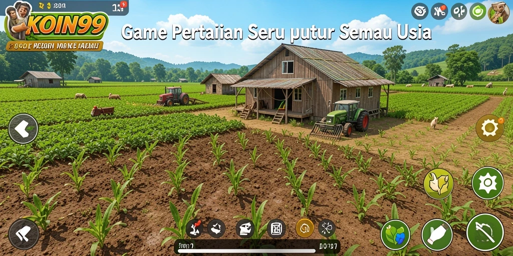 Tangkapan layar gameplay KOIN99 menunjukkan aktivitas pertanian yang seru.