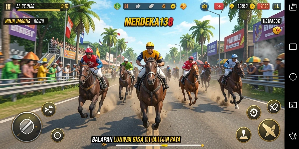 Tampilan gameplay menegangkan dalam MERDEKA138 dengan balapan yang cepat dan mendebarkan.