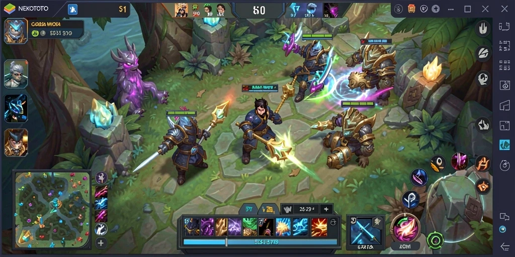 Screenshot gameplay NEKOTOTO menampilkan aksi pertempuran seru di arena.