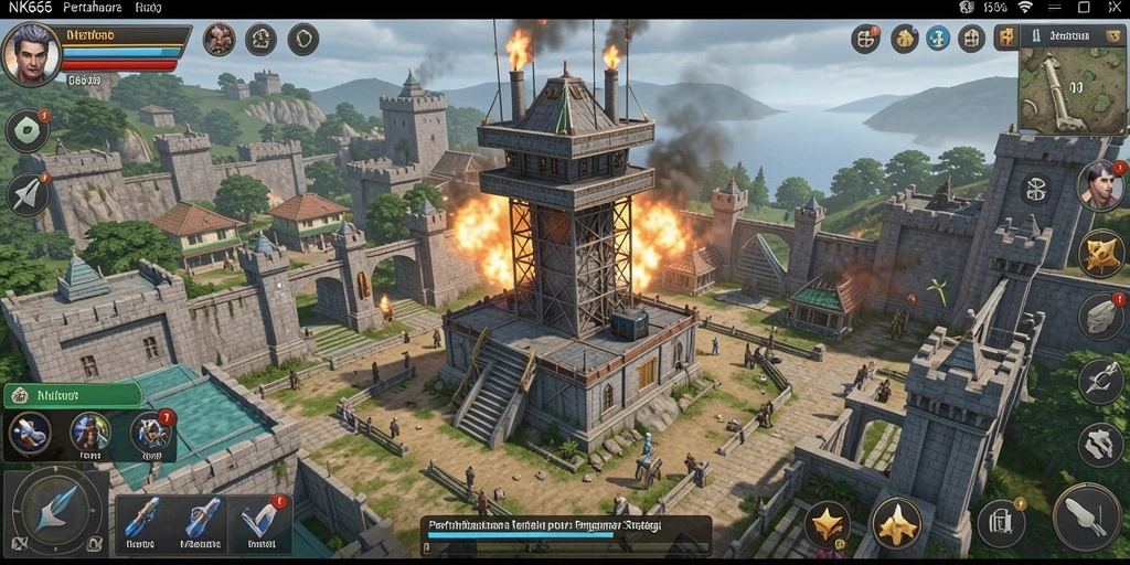 Screenshot gameplay NK666 menampilkan pertempuran menara yang strategis.