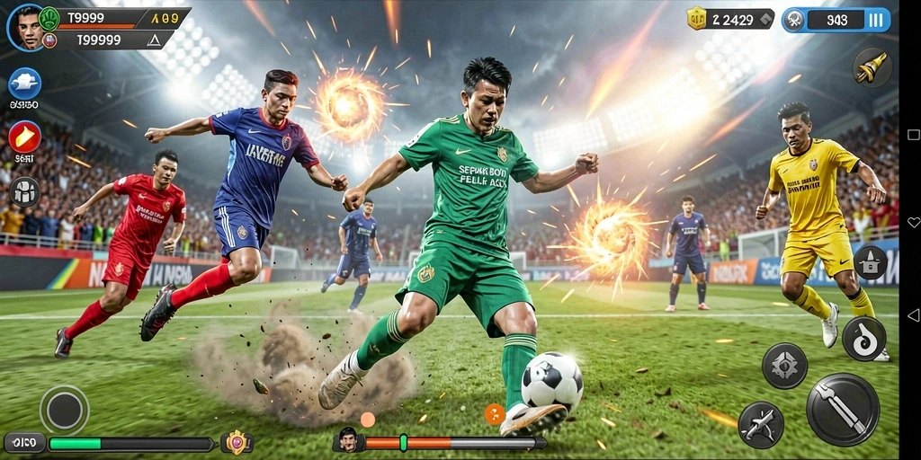 Tangkapan layar T9999 menampilkan aksi seru di lapangan sepak bola.
